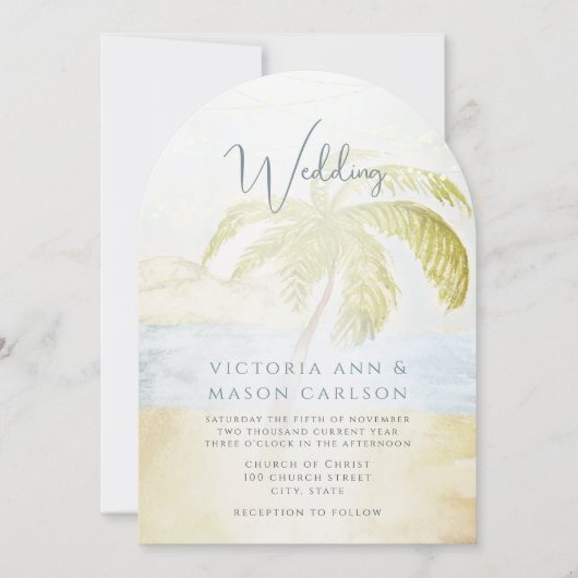 Palmboom Blauw Groen Enchantment Kustbruiloft Kaart (Voorkant)