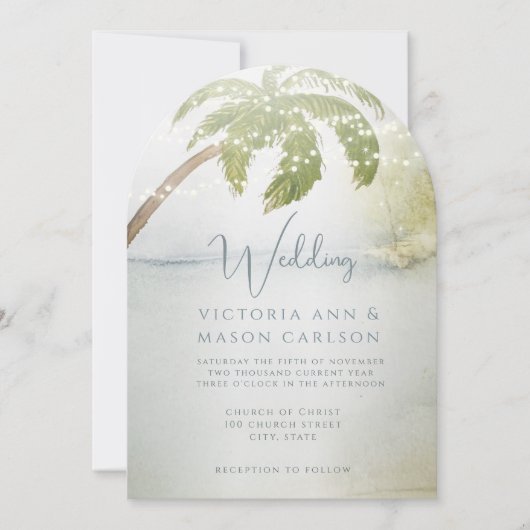 Palmboom Blauw Groen Enchantment Kustbruiloft Kaart (Voorkant)
