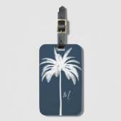 Palmboom Blauw Tropisch Elegant Monogram Bagagelabel (Voorkant (verticaal))