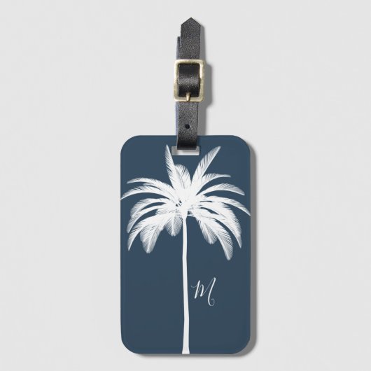 Palmboom Blauw Tropisch Elegant Monogram Bagagelabel (Voorkant (verticaal))