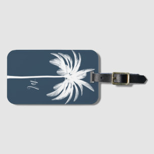 Palmboom Blauw Tropisch Elegant Monogram Bagagelabel