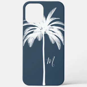 Palmboom Blauw Tropisch Elegant Monogram Case-Mate iPhone Case