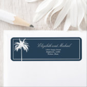 Palmboom Blauw Wit Elegant Modern Script Label (Insitu)