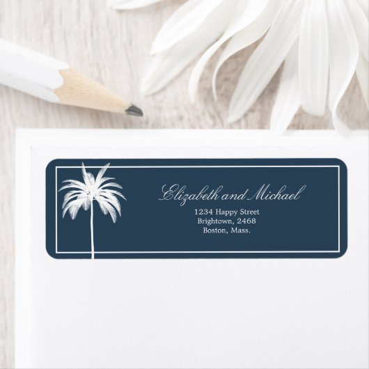 Palmboom Blauw Wit Elegant Modern Script Label (Insitu)