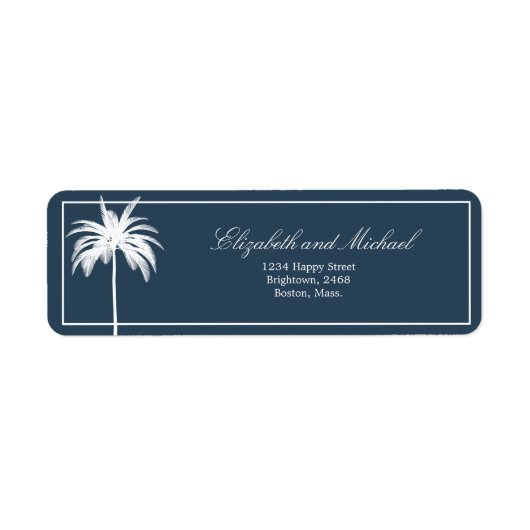 Palmboom Blauw Wit Elegant Modern Script Label (Voorkant)