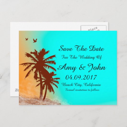 Palmboom blauwe oceaan bruiloft sparen de datum st aankondigingskaart (Voorkant / Achterkant)