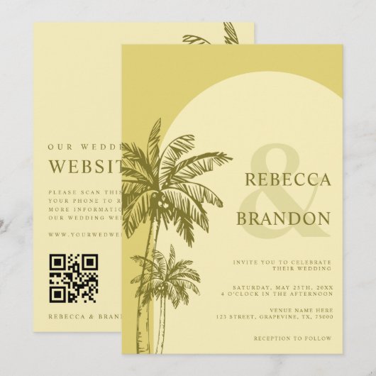 Palmboom Boho Strand Gele QR Code Trouwen Kaart (Voorkant / Achterkant)