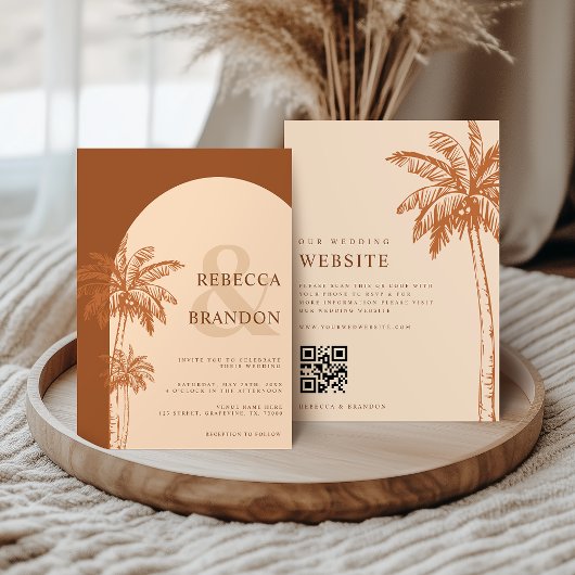 Palmboom Boho Strand Terracotta QR Code Trouwen Kaart