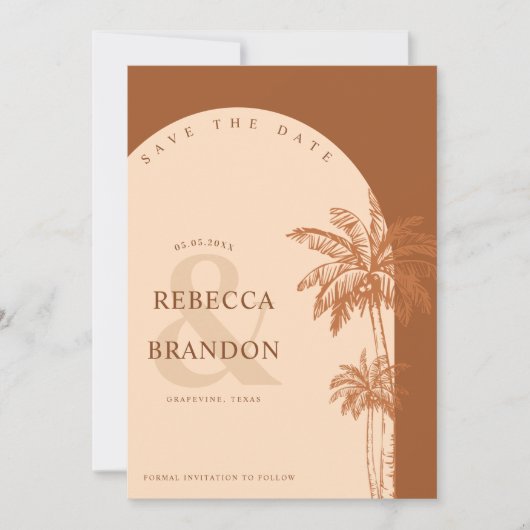 Palmboom Boho Strand Terracotta QR Code Trouwen Save The Date (Voorkant)