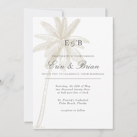 Palmboom bruiloft uitnodiging neutrale kleur (Voorkant)
