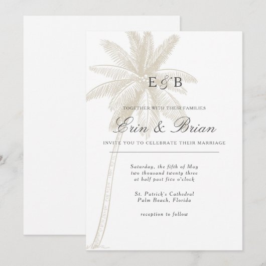 Palmboom bruiloft uitnodiging neutrale kleur  (Voorkant / Achterkant)