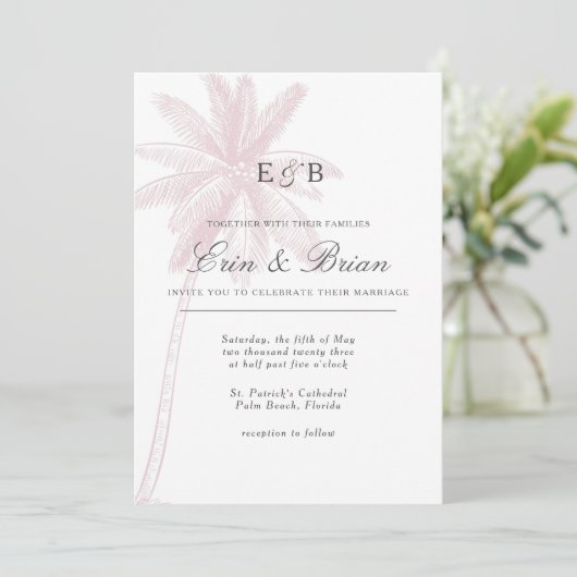 Palmboom bruiloft uitnodiging roze blush (Staand voorkant)