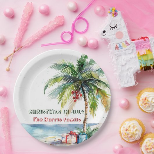 Palmboom & Cadeaus I Christmas in juli Papieren Bordje (Feest)