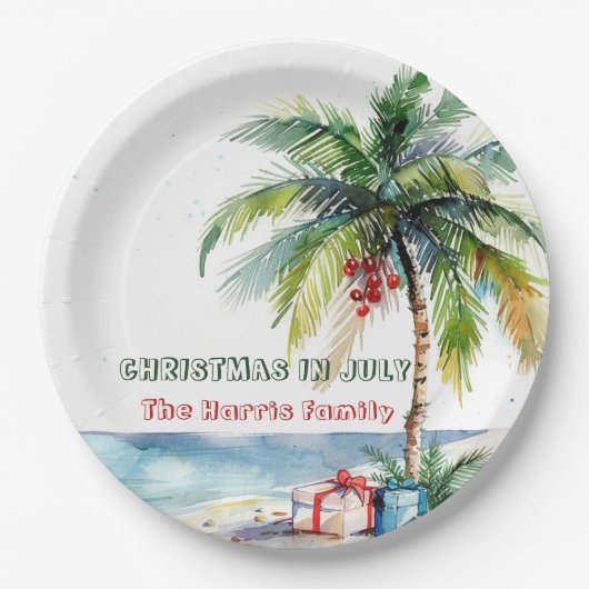 Palmboom & Cadeaus I Christmas in juli Papieren Bordje (Voorkant)