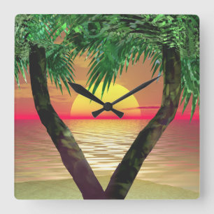 Palmboom die een zonsondergang omlijst vierkante klok