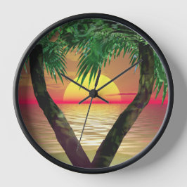 Palmboom die een zonsondergang omlijst vierkante klok