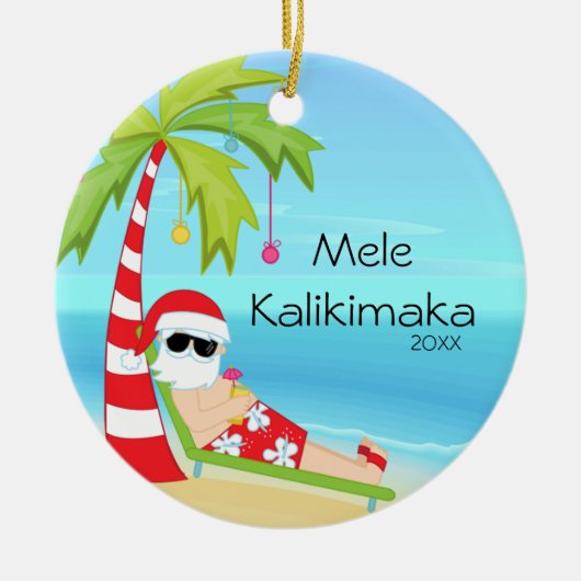 Palmboom die Kerstmis in Santa Hawaiian herstelt Keramisch Ornament (Voorkant)