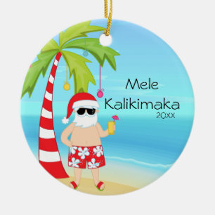 Palmboom die Kerstmis in Santa Hawaiian herstelt Keramisch Ornament