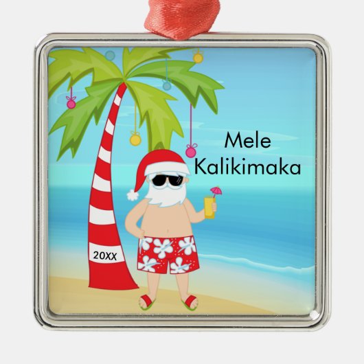 Palmboom die Kerstmis in Santa Hawaiian herstelt Metalen Ornament (Voorkant)