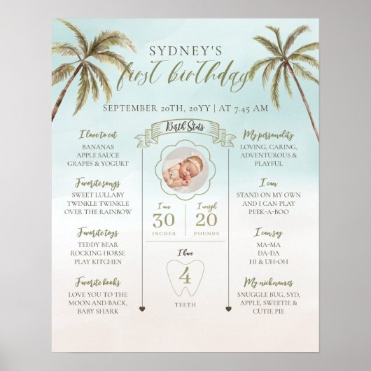 Palmboom Eerste Jaar Verjaardag Baby Milestone Poster (Voorkant)