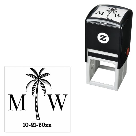 Palmboom Eerste Koppel Trouw Monogram Datum #5 Zelfinktende Stempel (In situ)