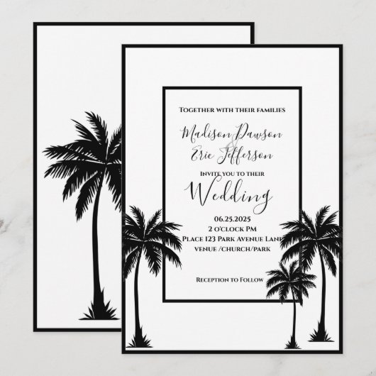 Palmboom Elegant Zwart Wit Bruiloft Kaart (Voorkant / Achterkant)