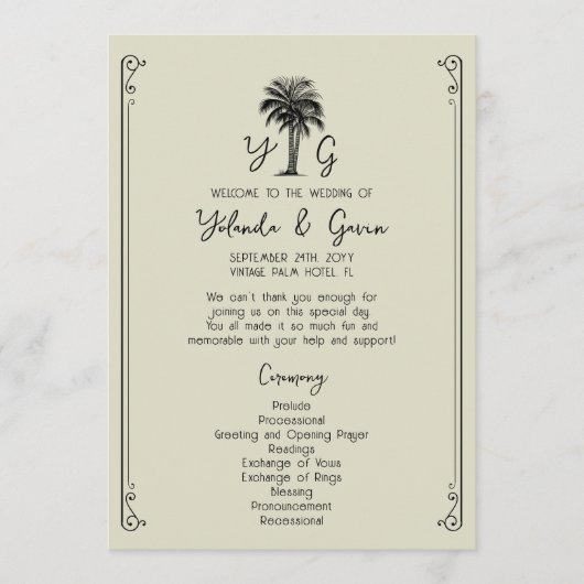 palmboom elegante trouwceremonie programmakaart (Voorkant)