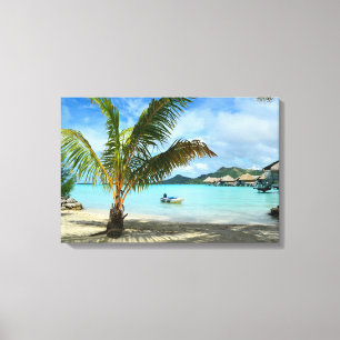 Palmboom en doek voor toevluchtsoord over water canvas afdruk
