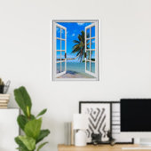 Palmboom en oceaan kunstmatig raamuitzicht poster (Thuiskantoor)