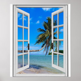 Palmboom en oceaan kunstmatig raamuitzicht poster