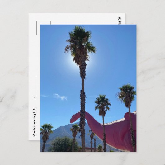 Palmboom en roze dinosaurus briefkaart (Voorkant / Achterkant)