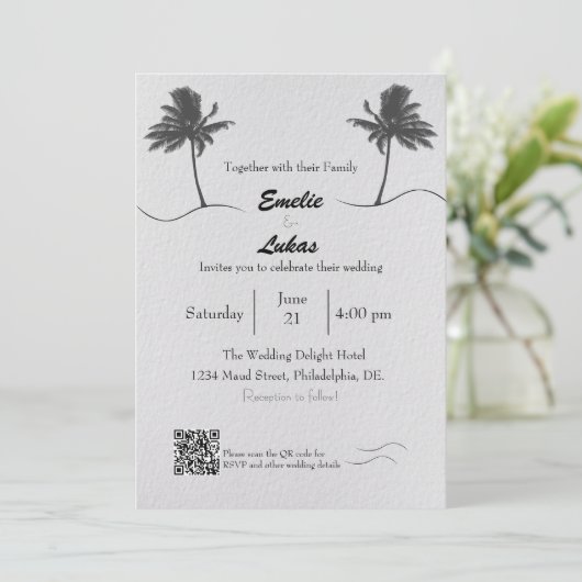 Palmboom en Schelpen Boog Foto Bruiloft Kaart (Staand voorkant)