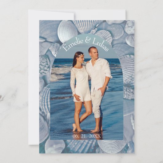 Palmboom en Schelpen Boog Foto Bruiloft Kaart (Achterkant)