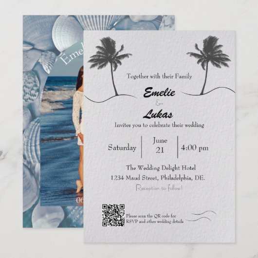 Palmboom en Schelpen Boog Foto Bruiloft Kaart (Voorkant / Achterkant)