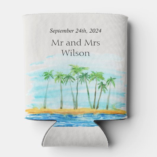 Palmboom en strand bruiloft blikjeskoeler (Achterkant)