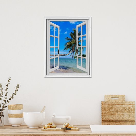 Palmboom en Uitzicht kunstmatig venster voor ocean Poster (Keuken)