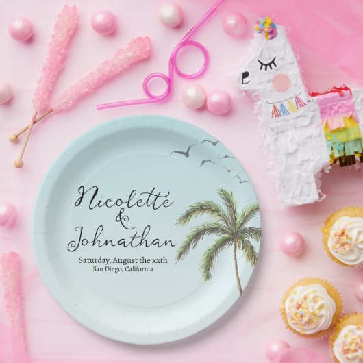 Palmboom en Vogels Eenvoudige Strandbruiloft Papieren Bordje (Feest)