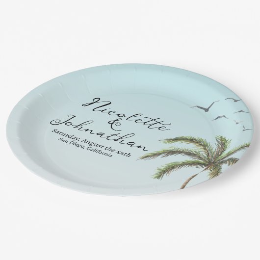 Palmboom en Vogels Eenvoudige Strandbruiloft Papieren Bordje (Gekanteld)