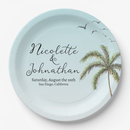 Palmboom en Vogels Eenvoudige Strandtrouw Papieren Bordje (Voorkant)