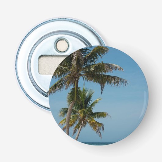 Palmboom en wit zandstrand button flesopener (Voorkant)