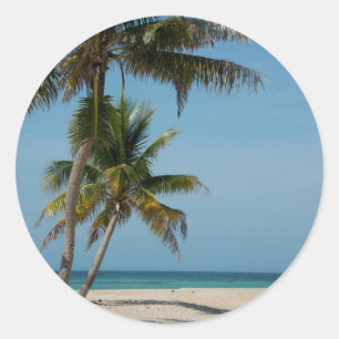 Palmboom en wit zandstrand ronde sticker
