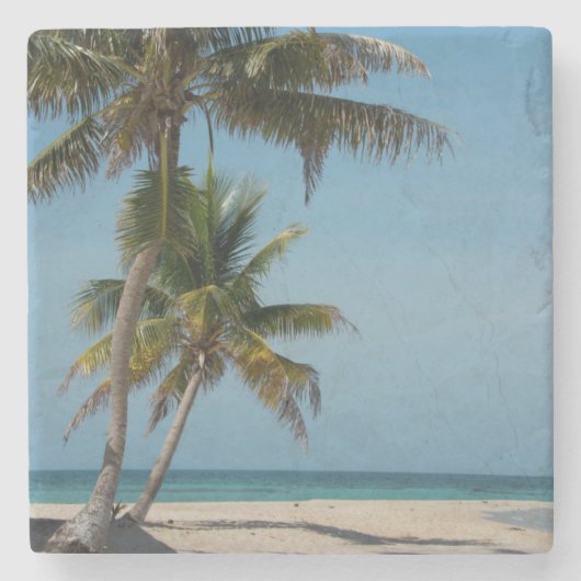 Palmboom en wit zandstrand stenen onderzetter (Voorkant)