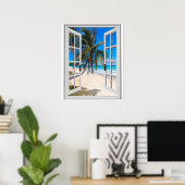 Palmboom en zeezicht nep raam poster (Thuiskantoor)