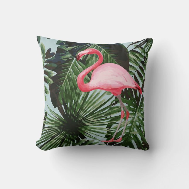 Palmboom Flamingo Tropical Cushion Blue Kussen (Voorkant)