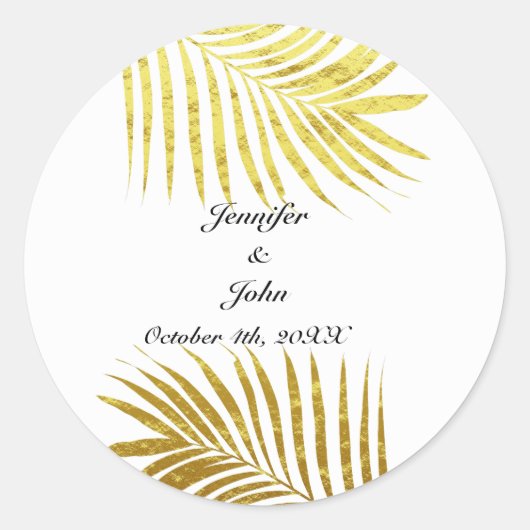 Palmboom Foliage Gold Foil Leaves Weddenschap Whit Ronde Sticker (Voorkant)