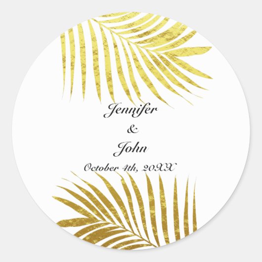 Palmboom Foliage Gold Foil Leaves Weddenschap Whit Ronde Sticker (Voorkant)