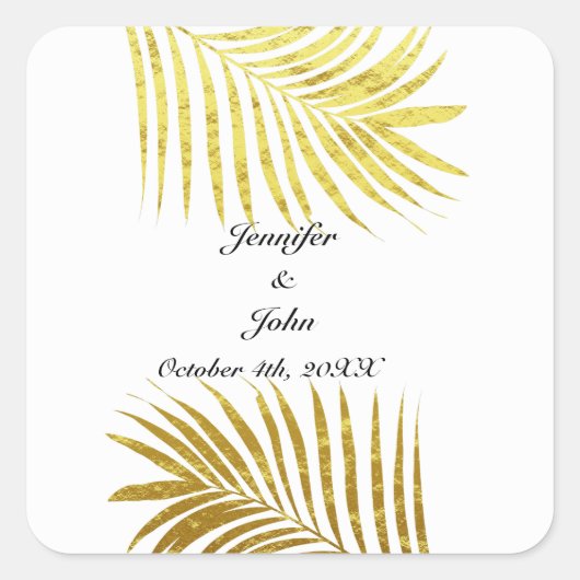 Palmboom Foliage Gold Foil Leaves Weddenschap Whit Vierkante Sticker (Voorkant)