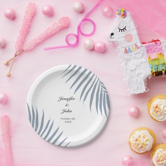 Palmboom gebladerte Dusty Blue Bladeren Cool Weddi Papieren Bordje (Feest)