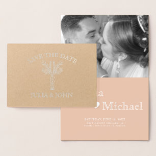 Palmboom handgetekende letters hart save the date  folie kaarten
