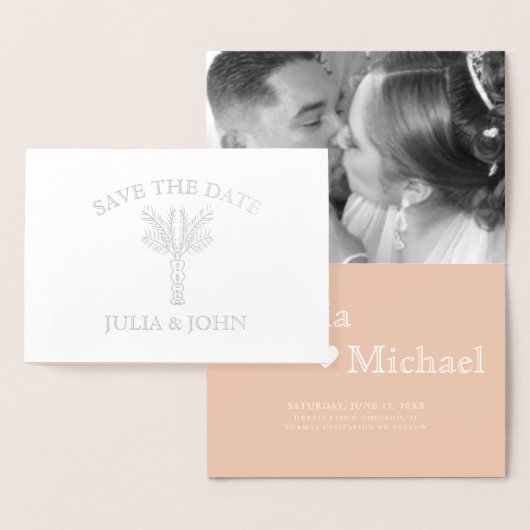 Palmboom handgetekende letters hart save the date  folie kaarten (Display)